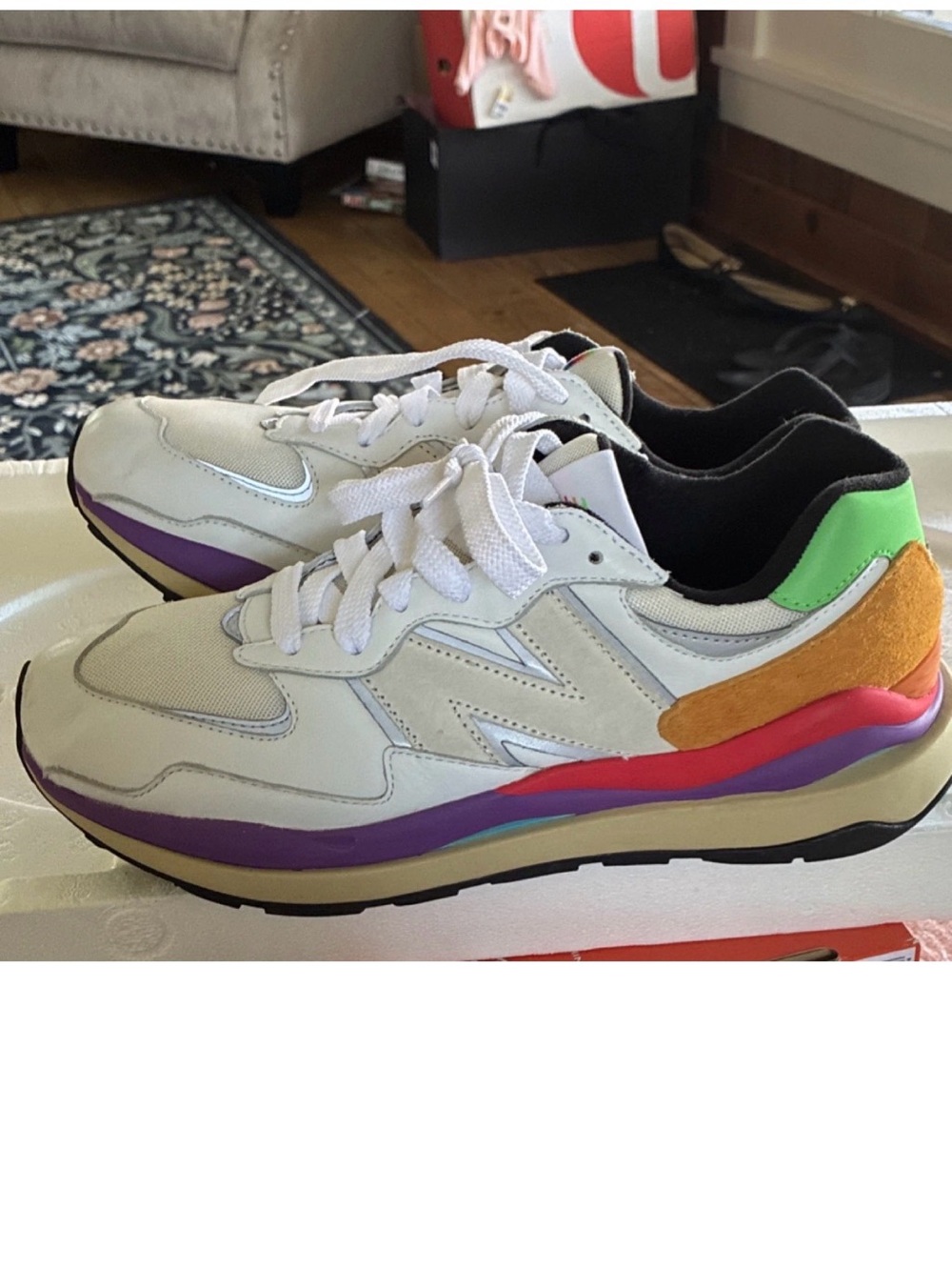 New Balance Women’s White Sneakers with Purple, Green & Orange Accents